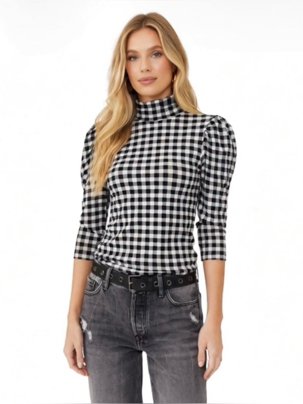Free People Gather Black & White Gingham Turtleneck - Picture 3 of 17